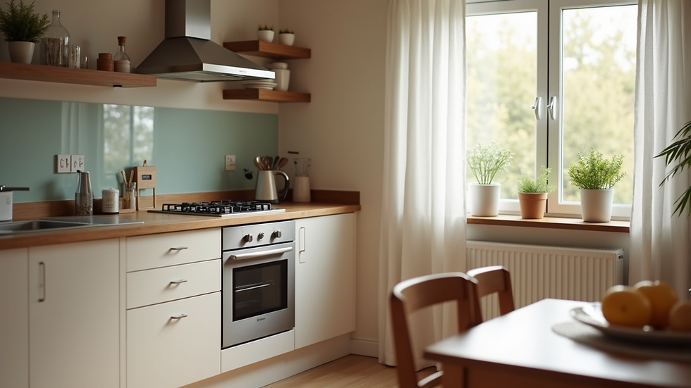 High angle view of a holiday rental kitchen with modern appliances