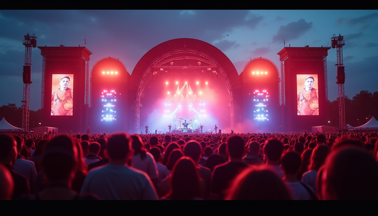 Eye-level view of a large outdoor music festival stage with colorful lights and crowd