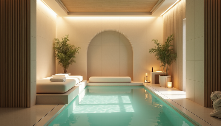 High angle view of a serene spa area with natural elements and soft lighting