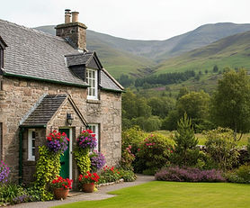 Charmant cottage écossais traditionnel en pierre à Drumnadrochit, avec 2 chambres pouvant accueillir 4 personnes, présentant une architecture authentique des Highlands, des pots de fleurs colorés à l'entrée, un jardin bien entretenu et une vue imprenable sur les collines et la campagne environnantes - hébergement de vacances idéal à proximité du Loch Ness