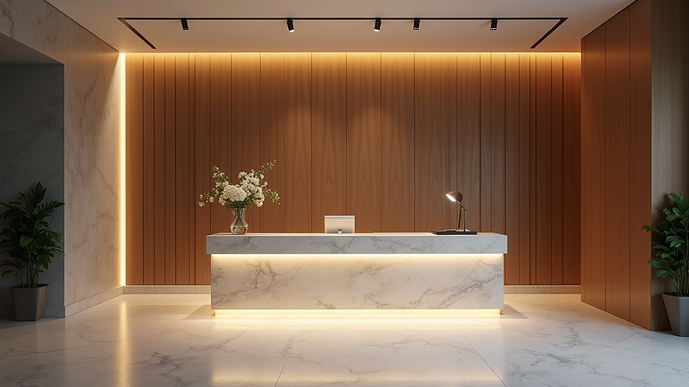 High angle view of a modern hotel lobby with reception desk