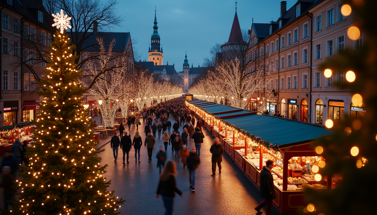 High angle view of a bustling Christmas market square with decorated trees and festive stalls
