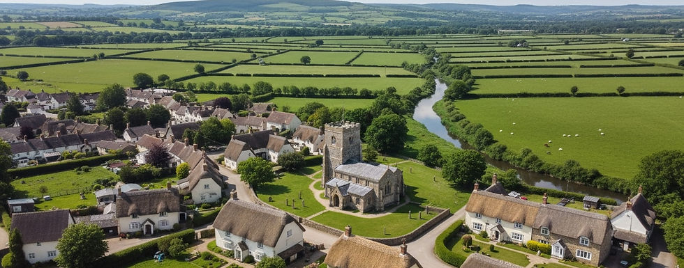 Scenic aerial view of historic Clyst St Mary village in Devon featuring medieval parish church, traditional thatched cottages, green countryside, and winding river through pastoral farmland