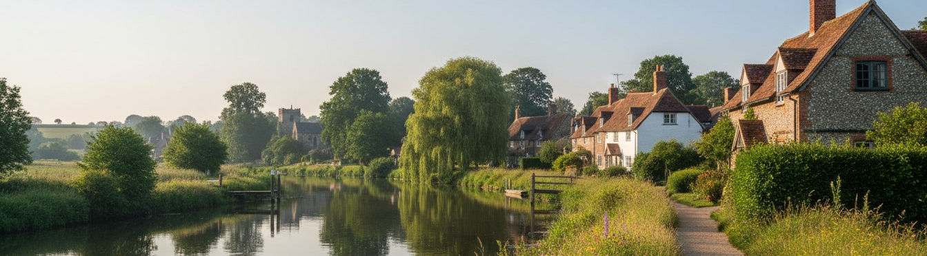 Vue photoréaliste des berges de la Tamise à Bisham, dans le Berkshire, avec un sentier sinueux, des cottages anglais traditionnels encadrés par une végétation luxuriante et la silhouette discrète d'une église historique au loin, baignée par la douce lumière naturelle.