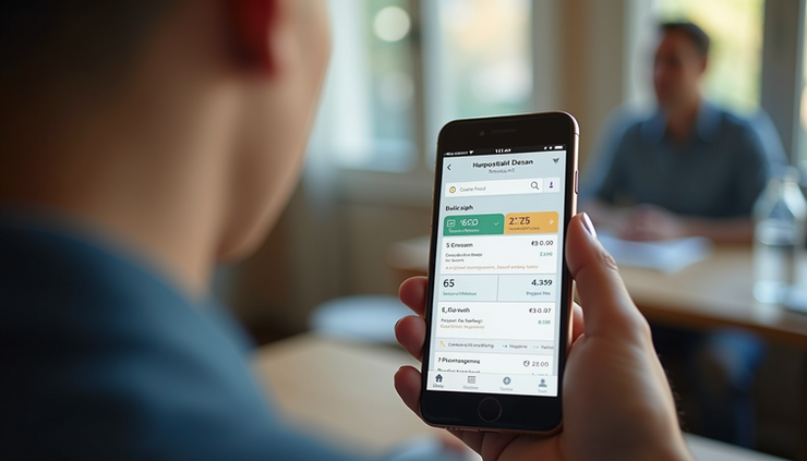 High angle view of a smartphone displaying a hospitality management app interface