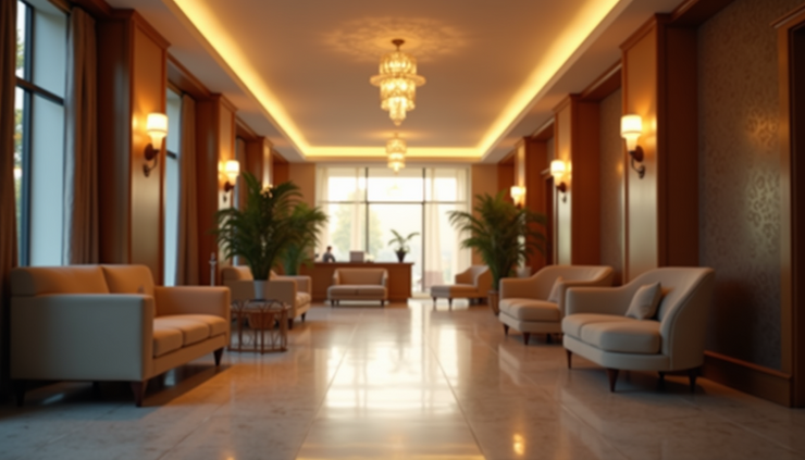 Eye-level view of a cozy hotel lobby with warm lighting and seating area