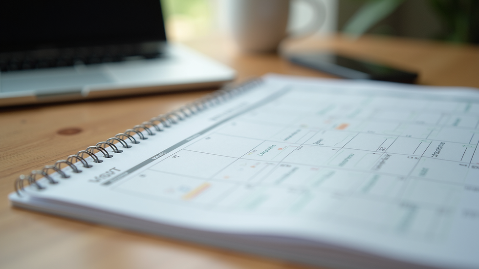 Close-up view of a booking calendar and laptop on a wooden desk