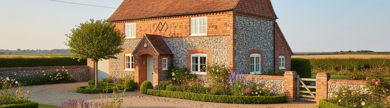Extérieur photoréaliste d'un charmant cottage de vacances en briques et silex à Burnham Market, dans le Norfolk, avec un jardin paysager, une allée de gravier et une douce lumière dorée sous un ciel immense.