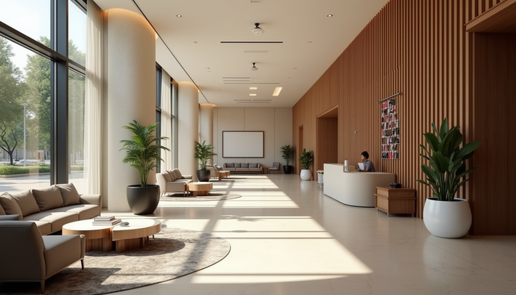 Eye-level view of a modern hotel lobby with stylish seating and natural light