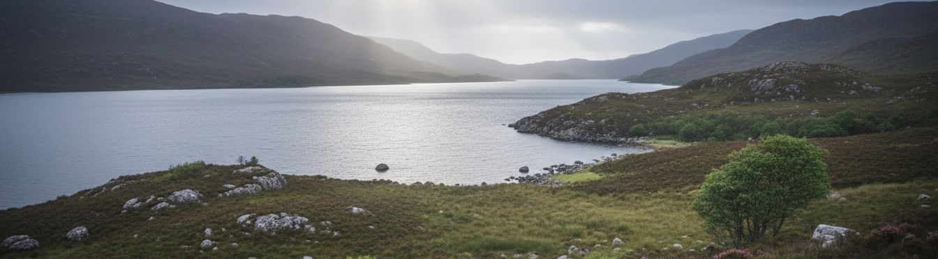 Majestic Scottish Highlands landscape featuring dramatic mountain peaks, tranquil loch with mirror reflections, rolling green hills covered in heather moorland, and ancient Scots pine trees under atmospheric misty skies showcasing the natural beauty of Scotland's northern wilderness region