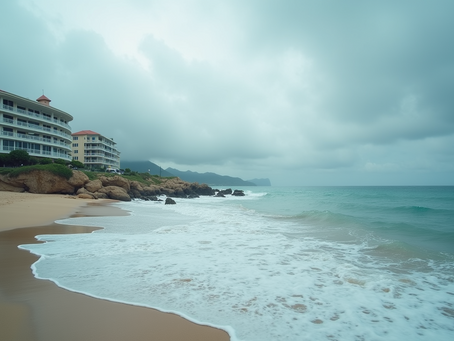 Seaside hotel overlooking the ocean, showing proximity to water and potential weather impact