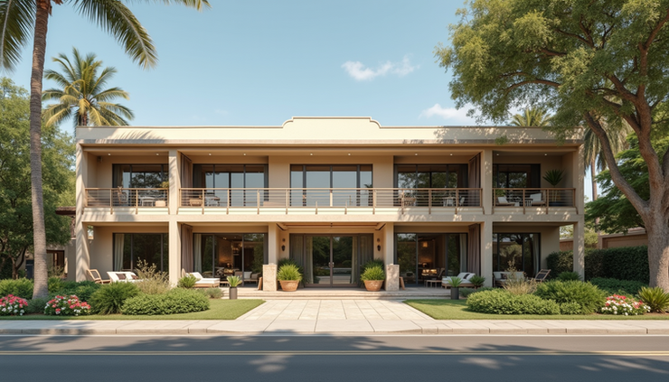 Eye-level view of a boutique hotel with space for expansion