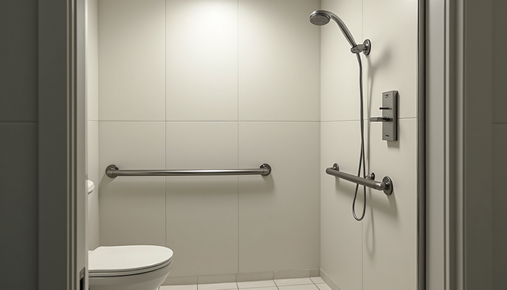 Gros plan sur une salle de bain accessible avec barres d'appui et douche à l'italienne
