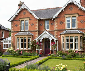 Charming Victorian bed and breakfast guesthouse in Carlisle Cumbria with red brick facade, welcoming entrance, beautiful English gardens, and traditional hospitality property architecture