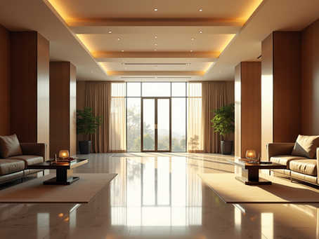 Spacious hotel lobby showcasing modern design and comfort