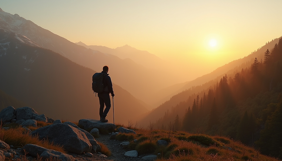 A hiker enjoys a panoramic mountain view during an adventure vacation