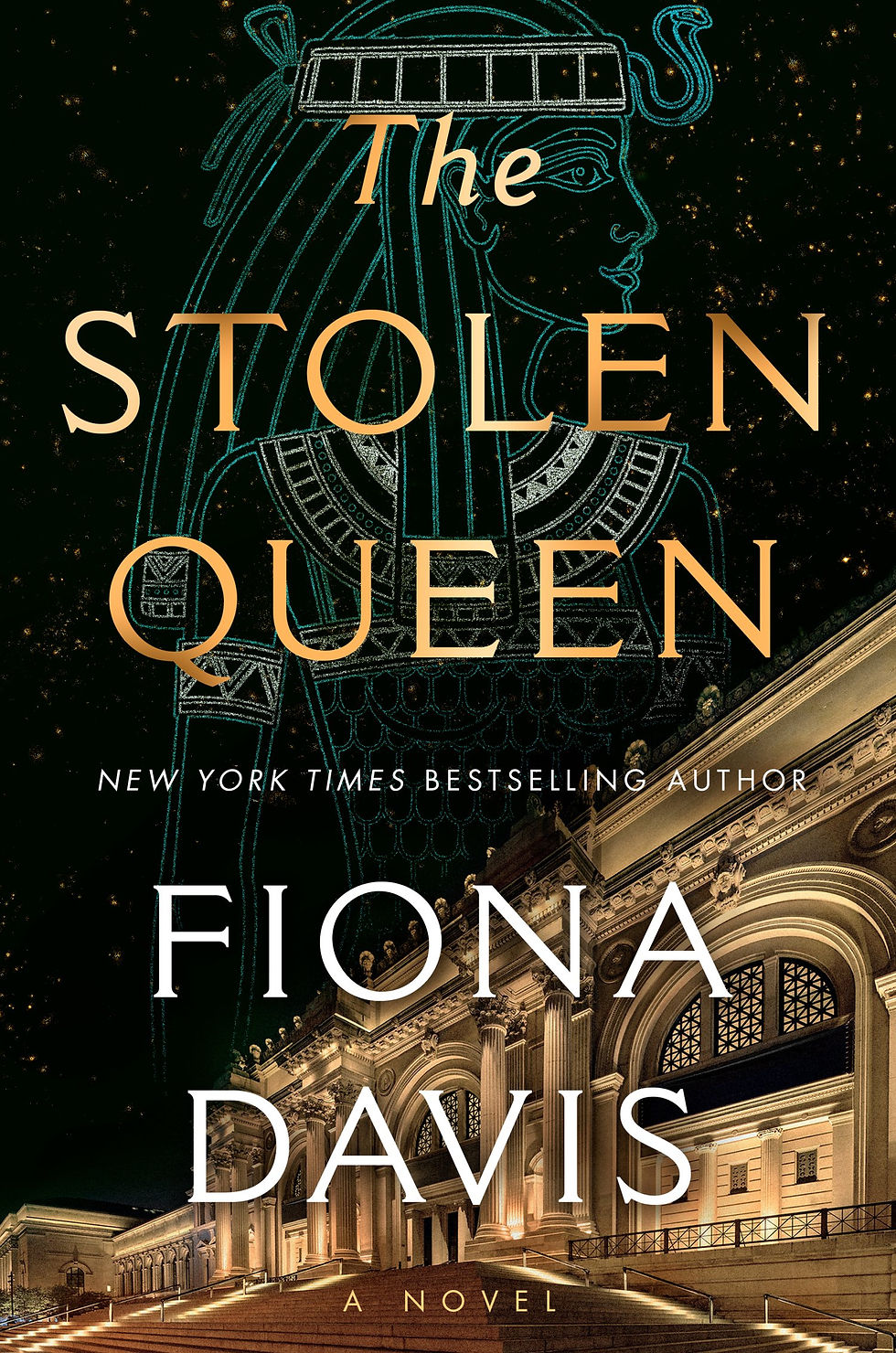 Image description: A photo of the Metropolitan Museum of Art with a blue outline of an Egyptian painting of a woman, most likely a Queen. Text reads: "The Stolen Queen, New York Times Best Selling Author, Fiona Davis, A  Novel"