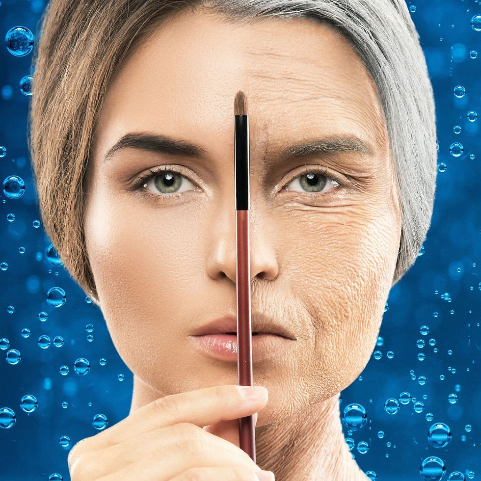 Twarz kobiety podzielona na 2 części.Lewa część twarzy jest młoda i piękna. Prawa strona jest jak u starej kobiety, pomarszcz