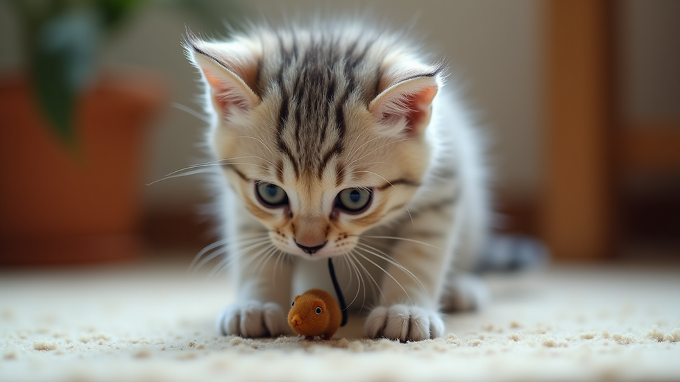 Eye-level view of a British Shorthair kitten playing with a toy mouse