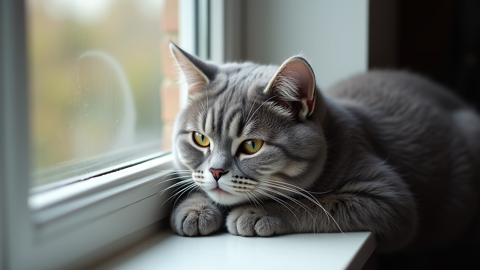 Close-up view of a British Shorthair adult cat resting on a windowsill