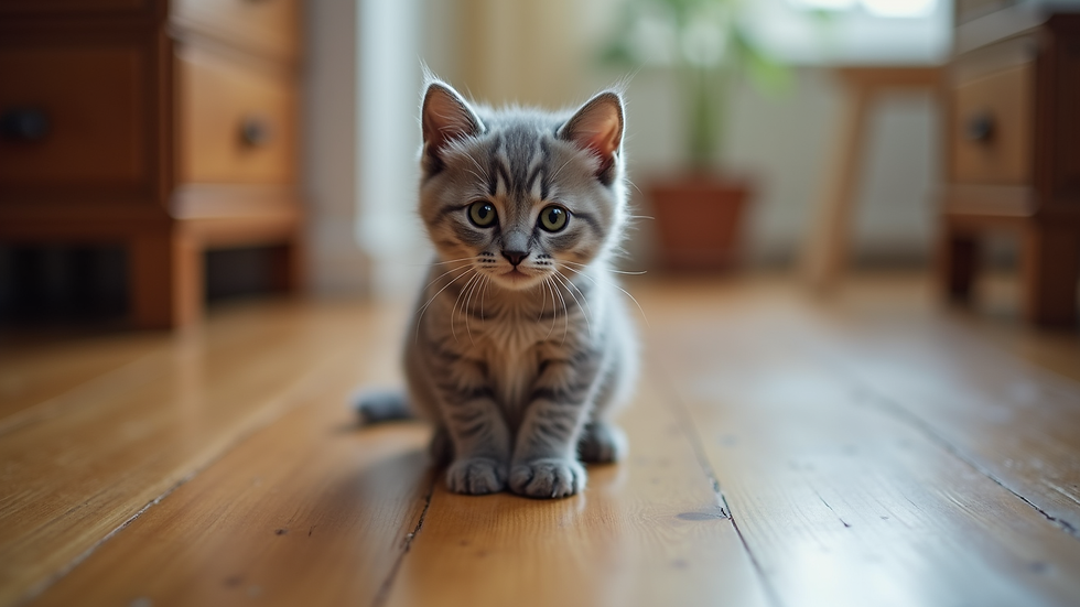 Eye-level view of a British Shorthair kitten sitting on a wooden floor