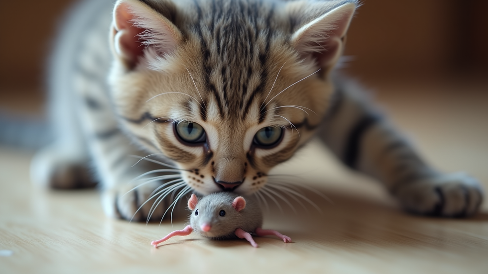 Close-up view of a British Shorthair kitten playing with a toy mouse