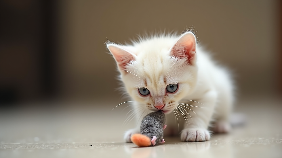 Close-up view of cream British Shorthair kitten playing with a toy mouse
