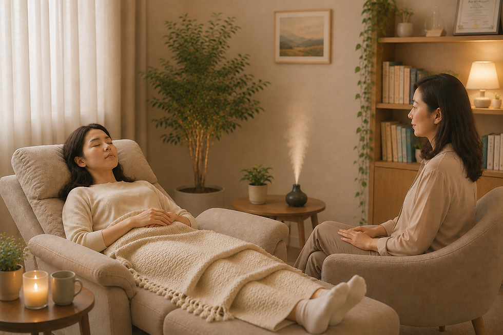 Two women in a cozy spa-like therapy room; one rests reclined with eyes closed while the other sits calmly nearby, with candles and diffuser.