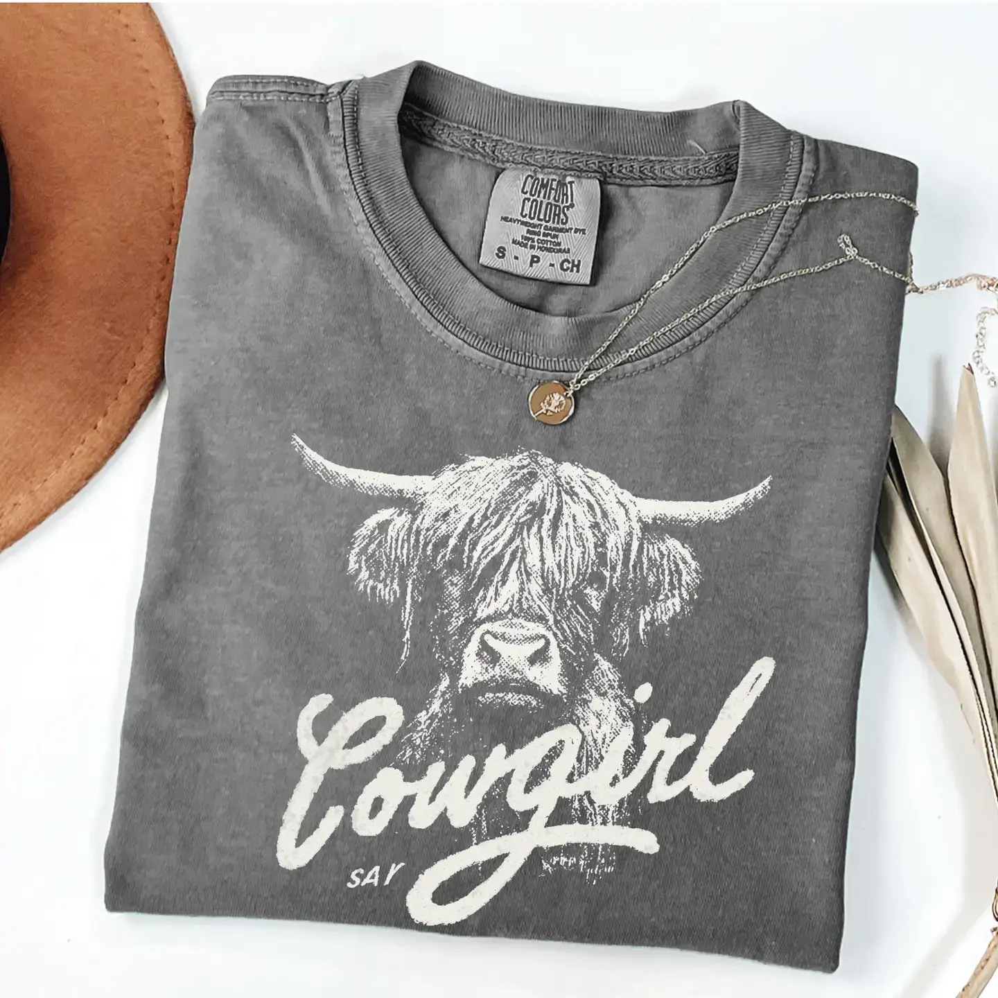 Say Cowgirl Comfort Colors Highland Cow Western Graphic Tee