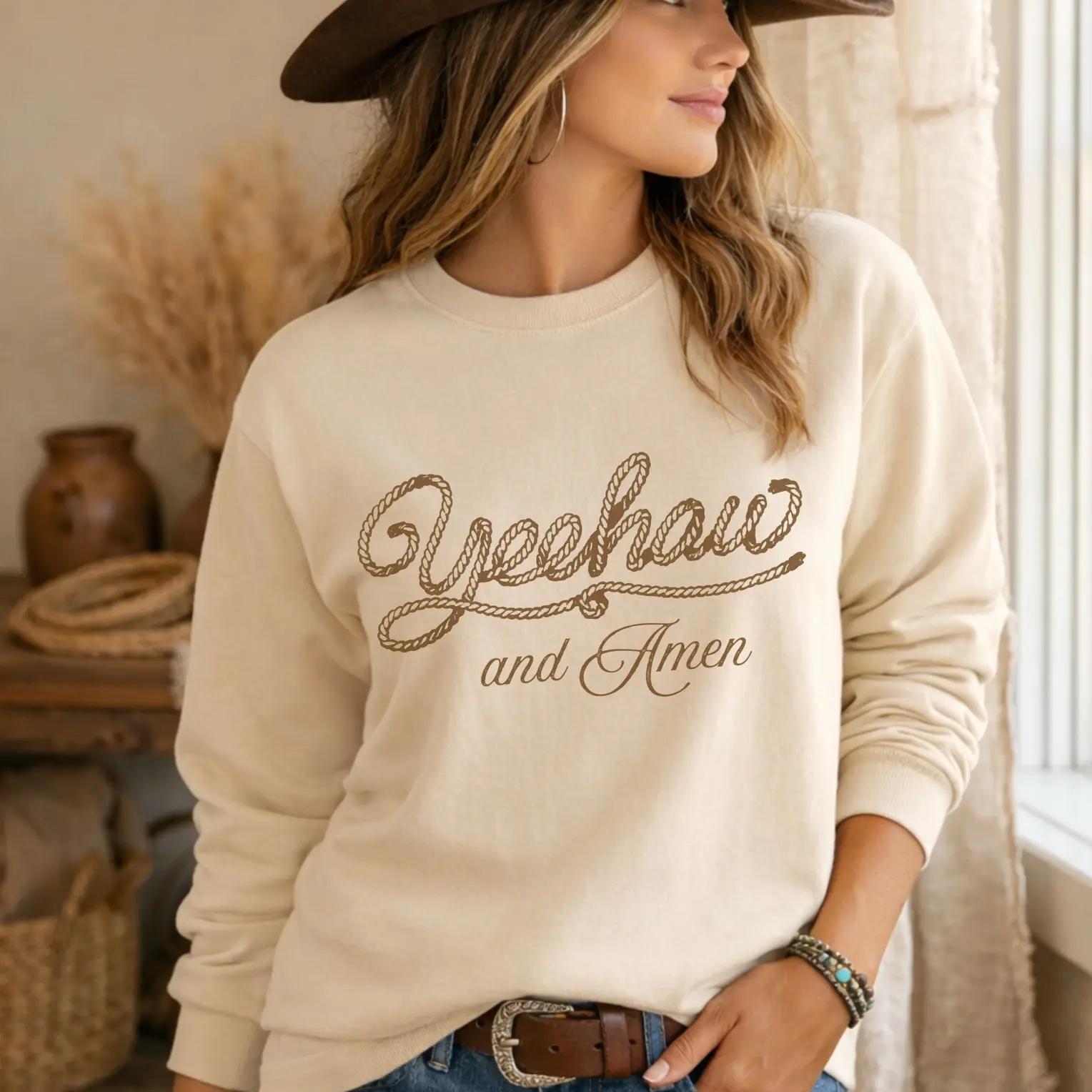 Yeehaw and Amen Western Christian Graphic Sweatshirt