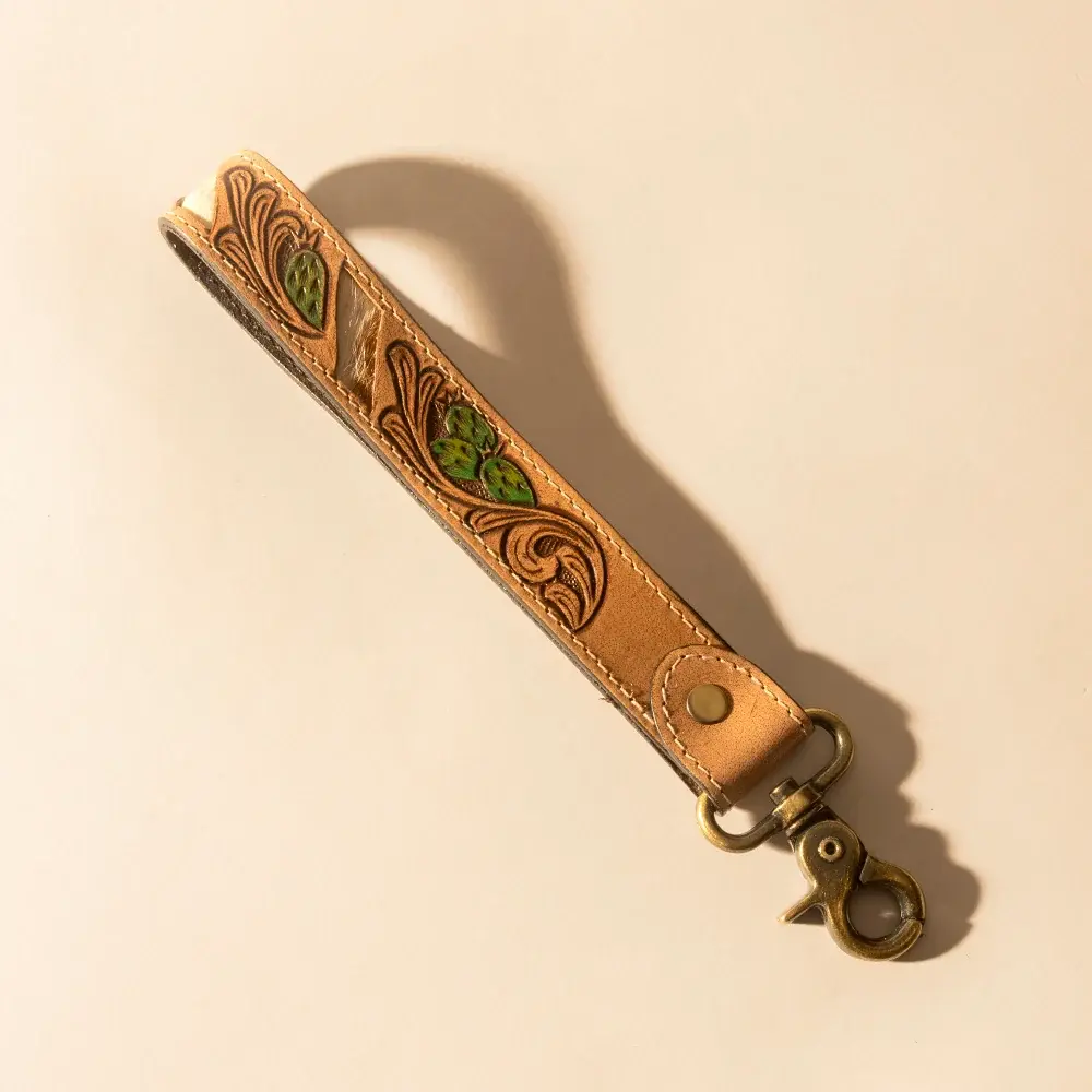 Myra Wildvine Pony Western Handtooled Key Fob in tan with cactus detail