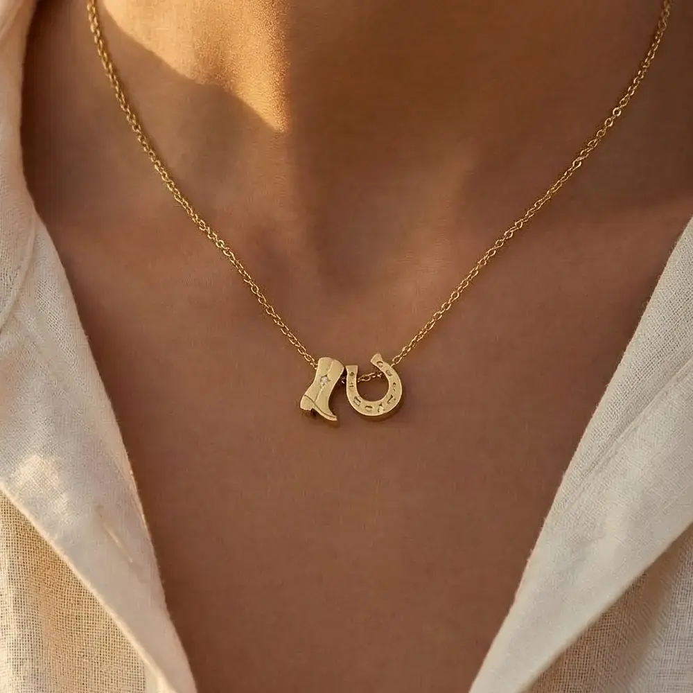 Gold Dipped Cowboy Boots Horse Shoe Charm Necklace