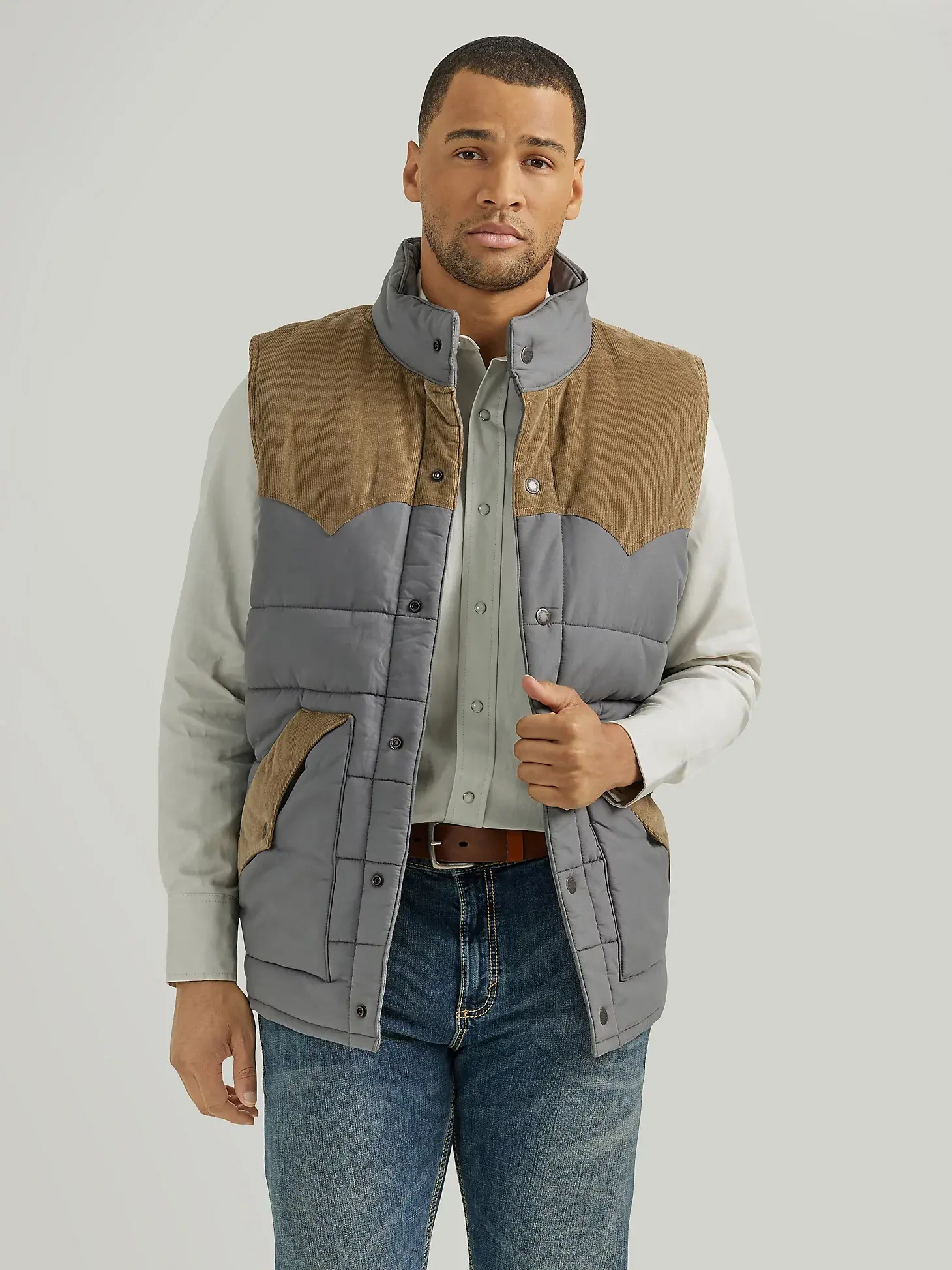 Men's Corduroy Yoke Puffer Vest in Fence Post