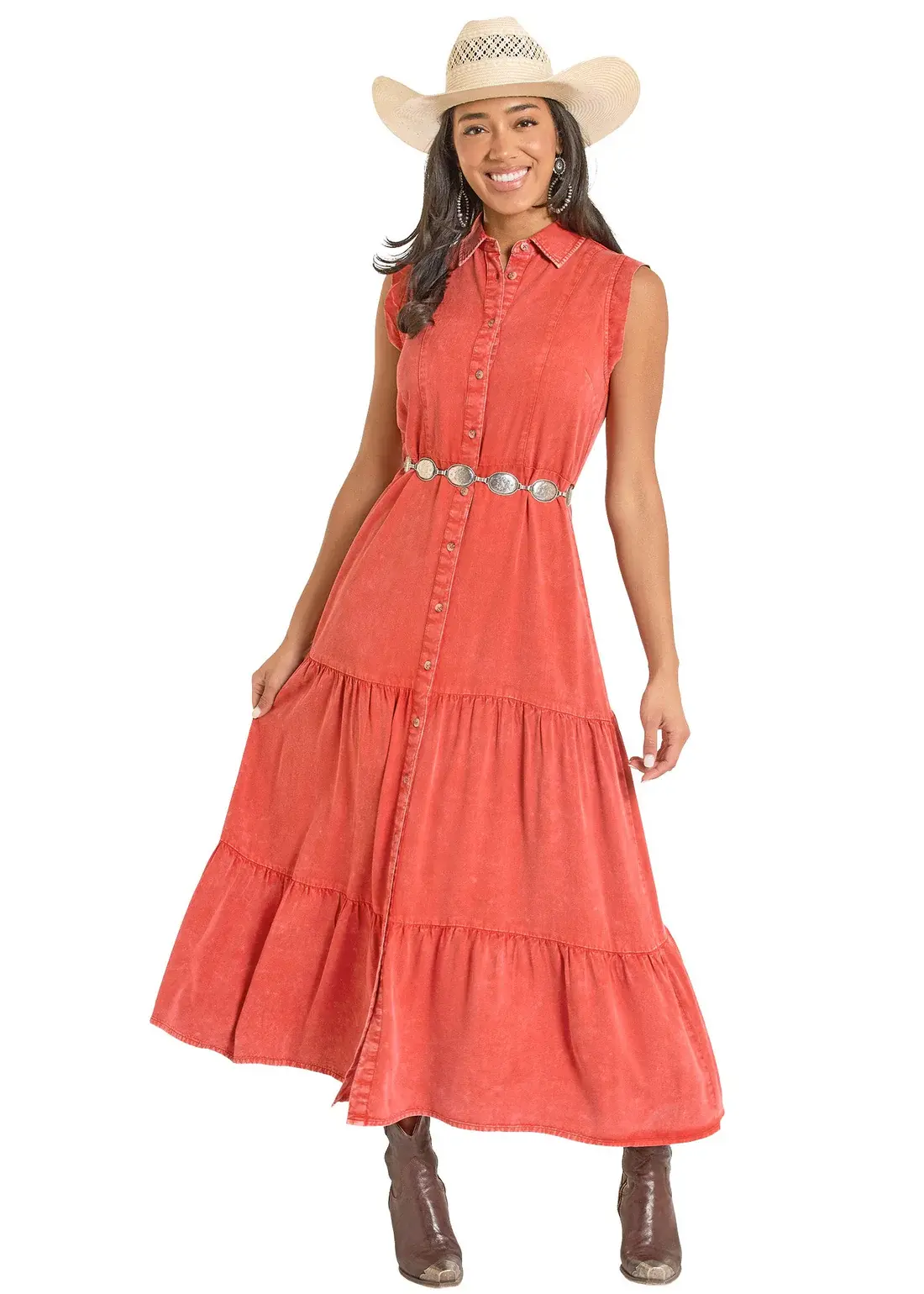 Panhandle Slim Distressed Sleeveless Tiered Maxi Dress