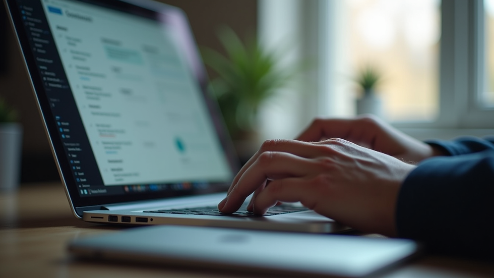 Close-up view of a person typing on a laptop with a contact form on the screen