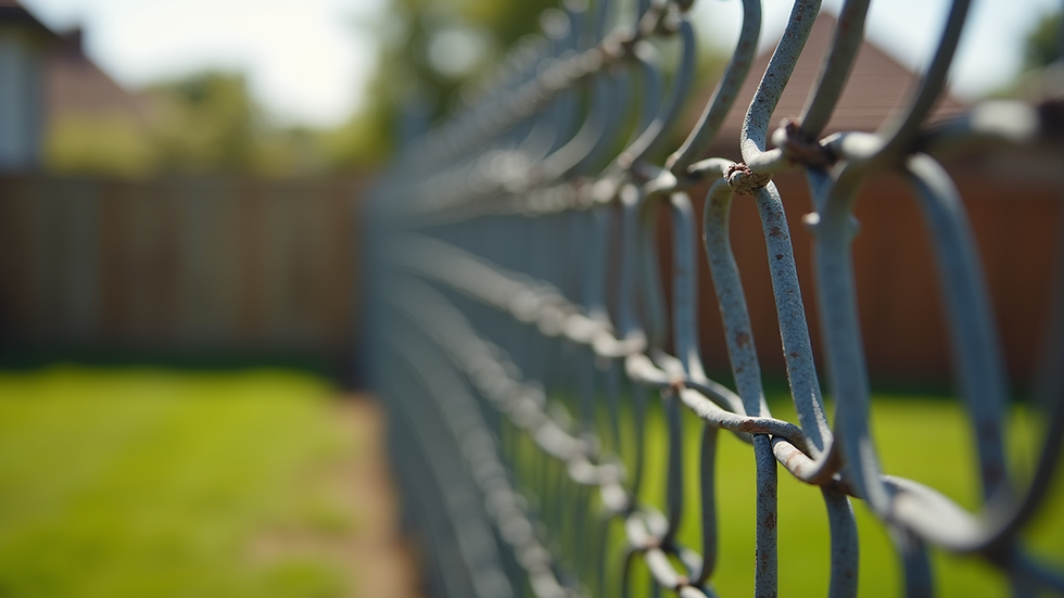 Close-up view of metal fence posts being installed in a residential backyard