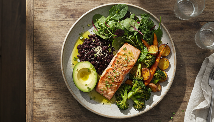 Overhead view of a colorful longevity meal with vegetables, beans, fish, and avocado
