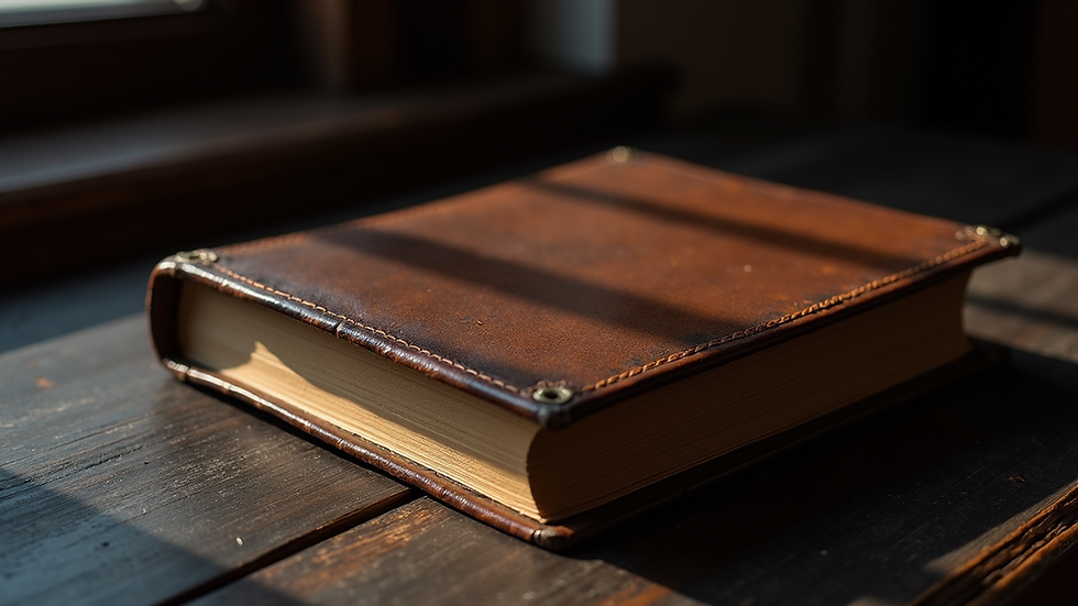 Eye-level view of a vintage leather-bound book on a dark wooden table