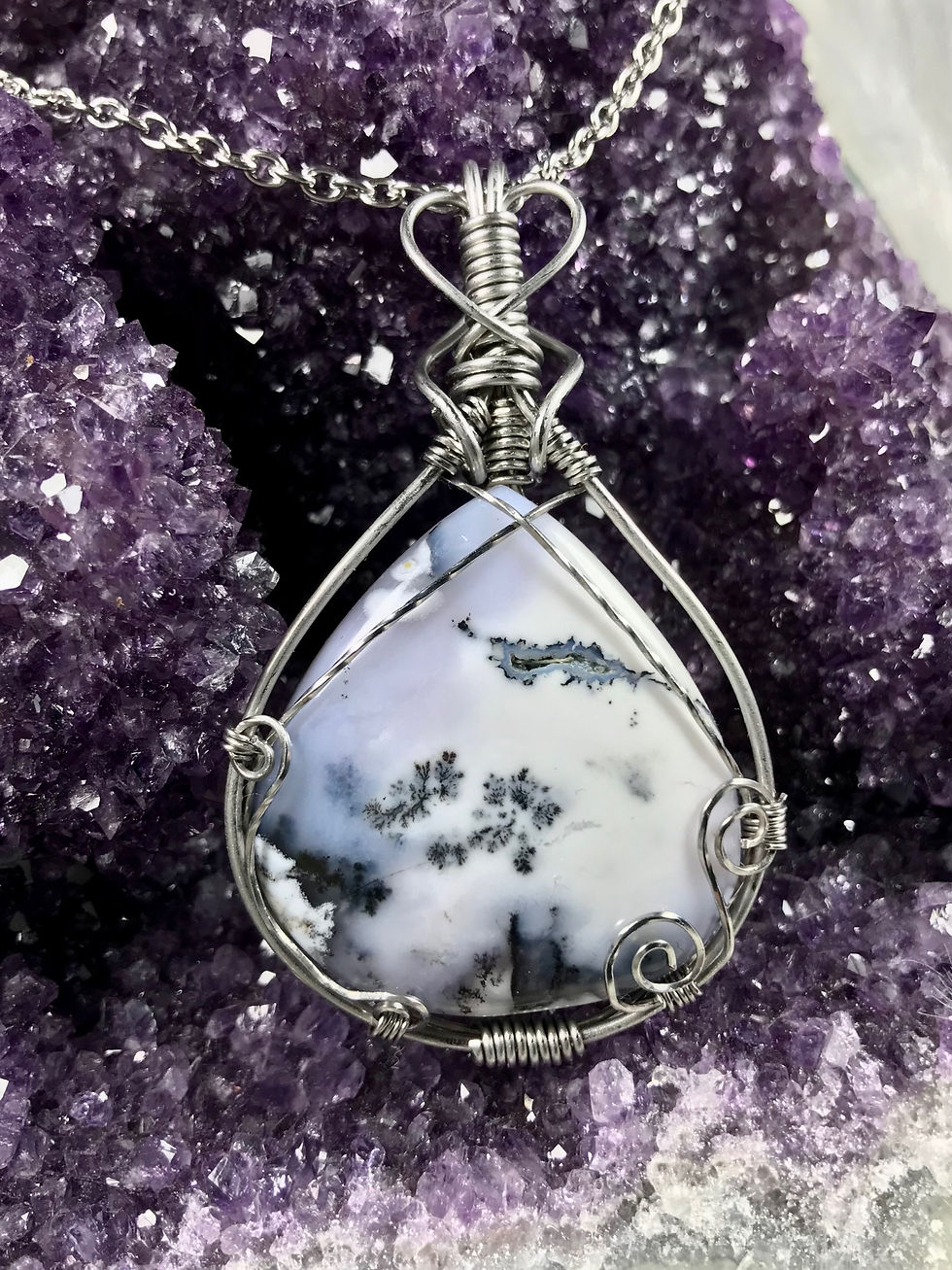 Thumbnail: Dendritic Opal Wire Wrapped Pendant Necklace