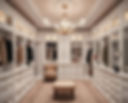 luxurious woman's closet with chandelier, white cabinetry, and khaki seating.jpg
