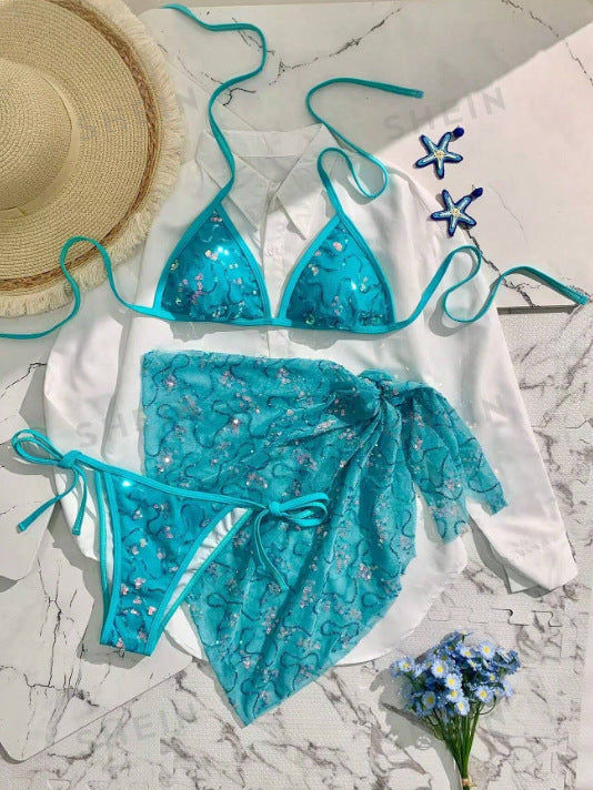 Thumbnail: Halter Holiday Beach Three Piece Bikini Swimsuit
