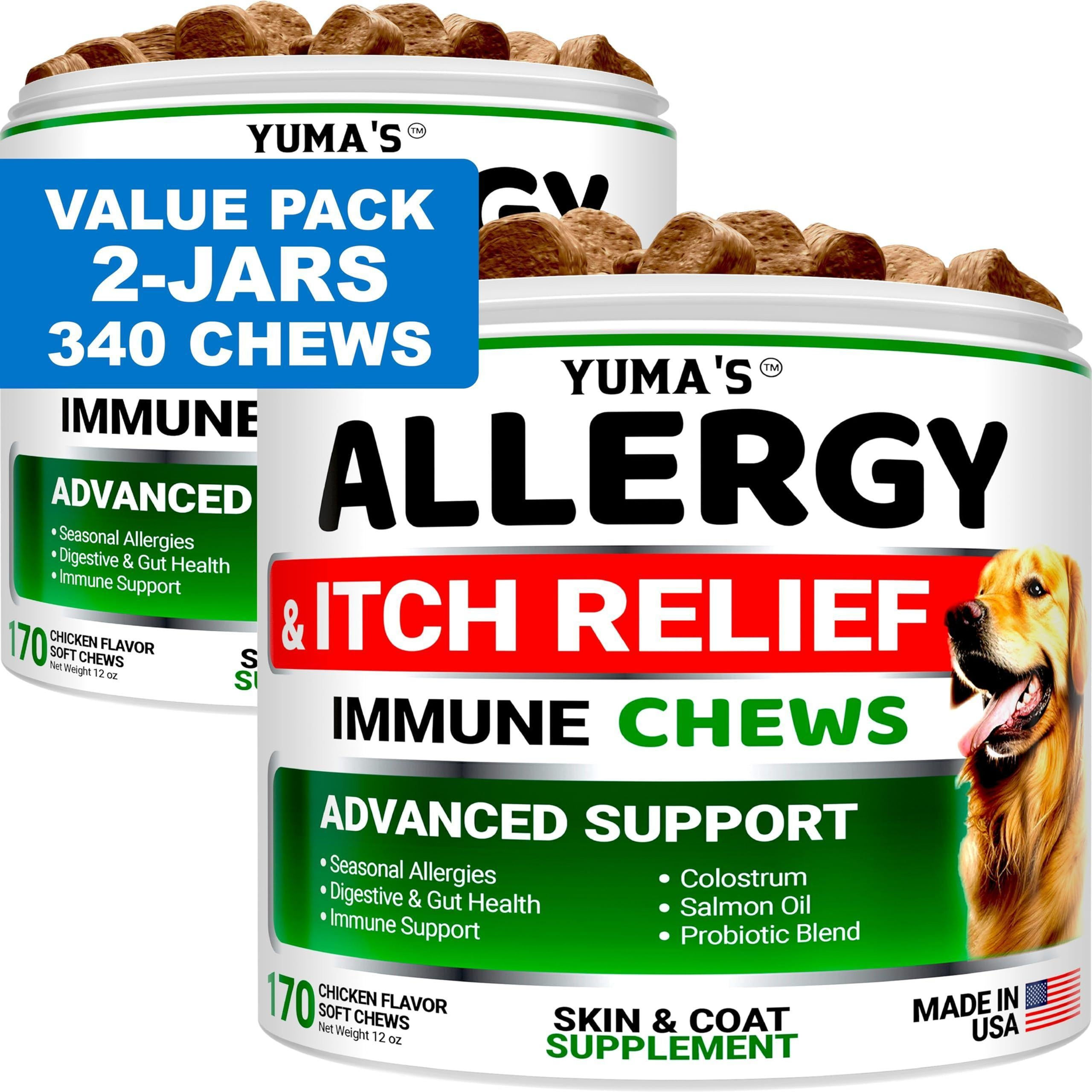 YUMA'S 2 Pack Dog Allergy Relief Chews Dog Itching Skin Relief Treatment Pills a