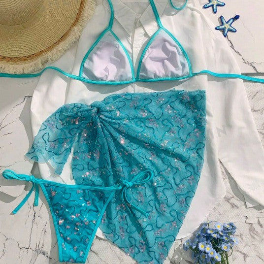 Thumbnail: Halter Holiday Beach Three Piece Bikini Swimsuit