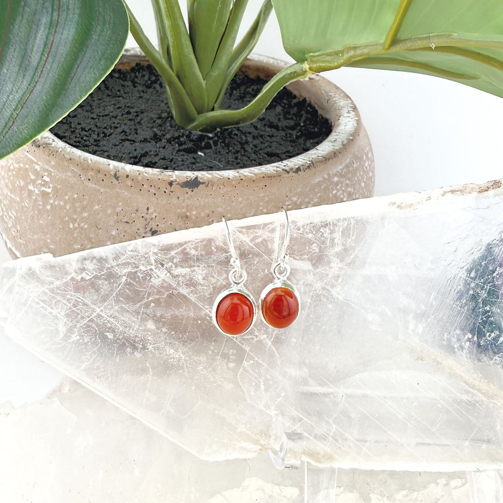 Thumbnail: Pair of silver earrings. Simple oval shape with orange stones.