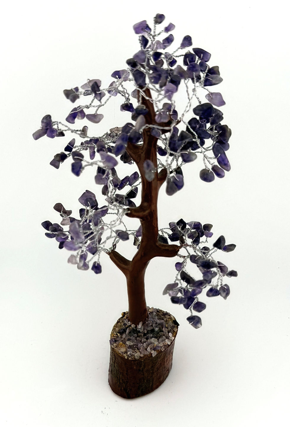 Thumbnail: Handmade tree with purple stone leaves and a wood base topped with purple stone chips.