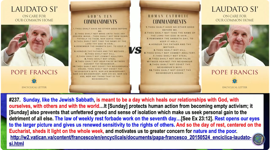 #237. ユダヤ教の安息日のように、日曜日は神、自分自身、他者、そして世界との関係を癒す日であるべきです…日曜日は、人間の行動が空虚な活動主義に陥ることを防ぎます。また、他のすべてを犠牲にして私利私欲を追い求める、抑制されない貪欲と孤独感も防ぎます。週の安息の律法は、7日目に働くことを禁じていました…[出エジプト記 23:12参照]。安息は、私たちの目をより大きな視野に開き、他者の権利に対する新たな感受性を与えてくれます。ですから、聖体を中心とした安息日は、週全体に光を当て、自然と貧しい人々へのより大きな配慮へと私たちを駆り立てます。