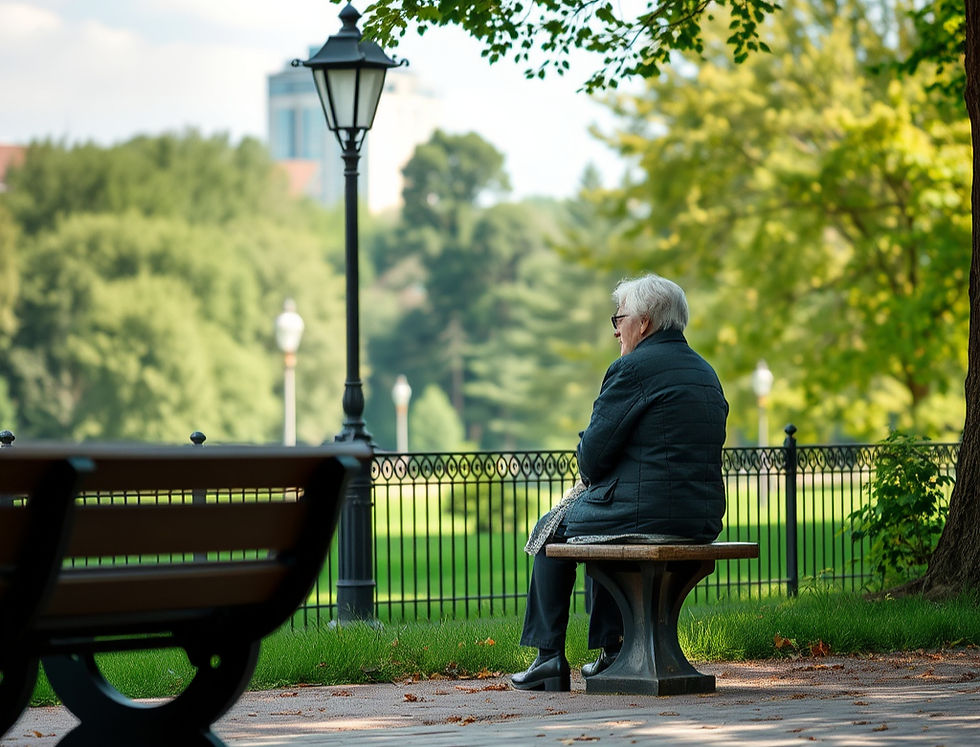 Eine ältere Person sitzt auf einer Bank im Park