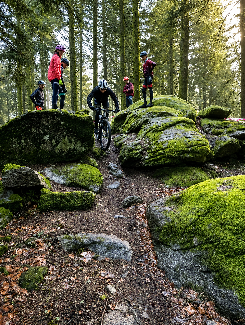 A mountain biker mtb riding down a natural obstacle