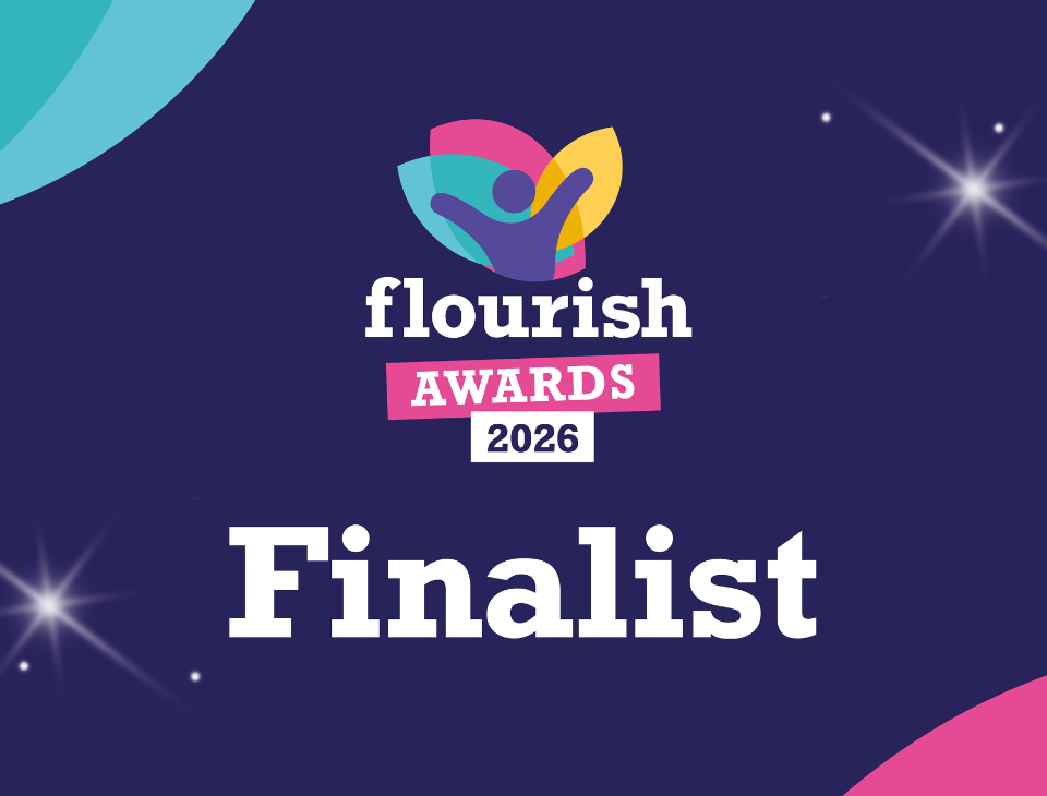 The Flourish Awards 2026 logo, with a purple, shimmering background and 'Finalist' in big, block white letters.