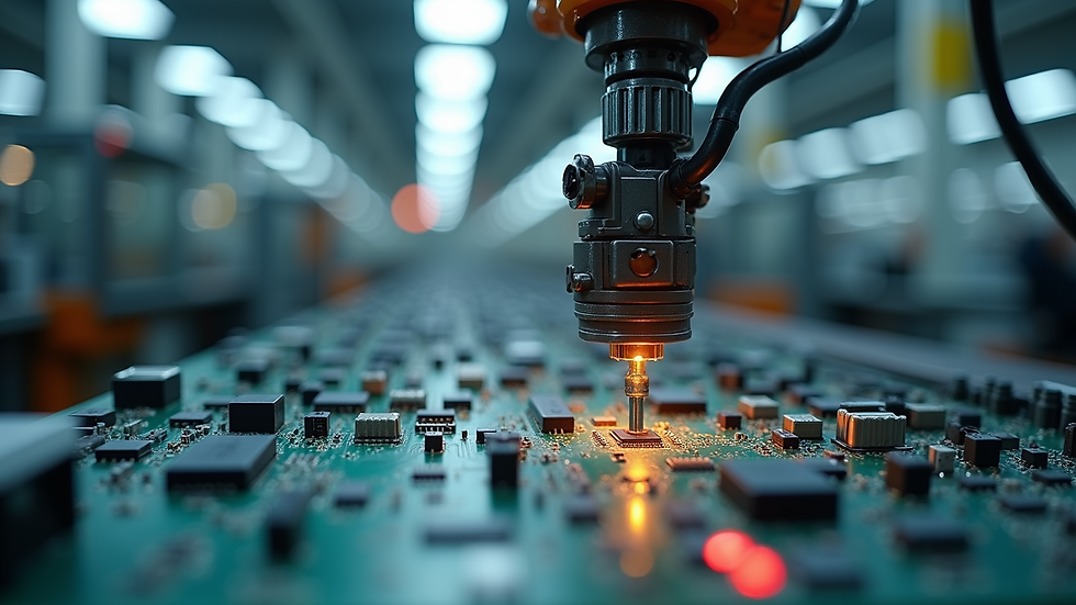 Close-up view of a robotic arm assembling electronic components in a factory